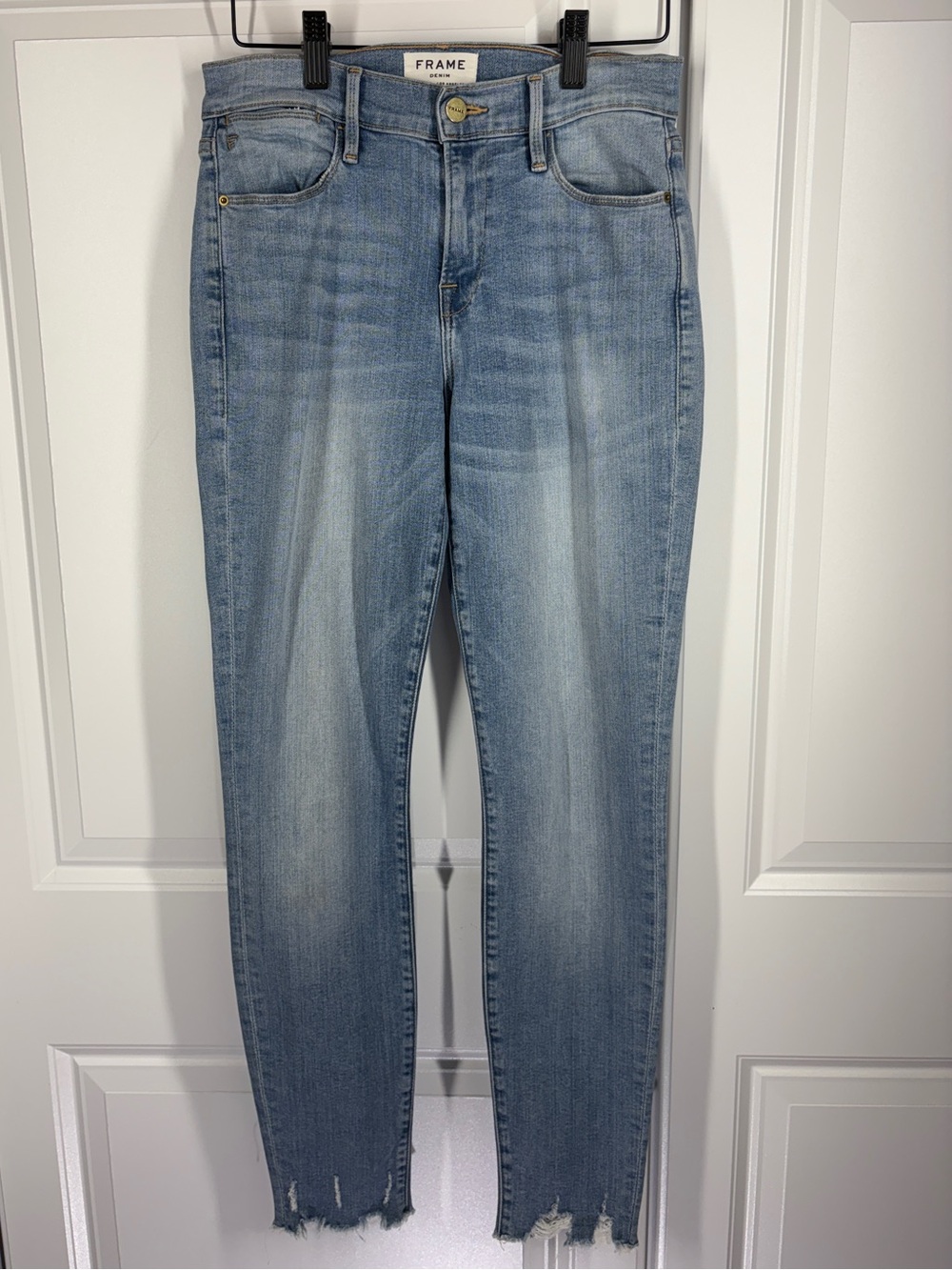 FRAME Le High Skinny Jeans Sand Dollar Raw Hem Light Wash Denim Size 26